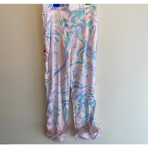 NWOT SAMPLE Revolve X Oceanus Multicolor Silk Pants w/ Ostrich Feather - Picture 5 of 5